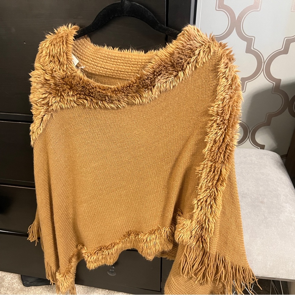 Fringed Tan Sweater poncho